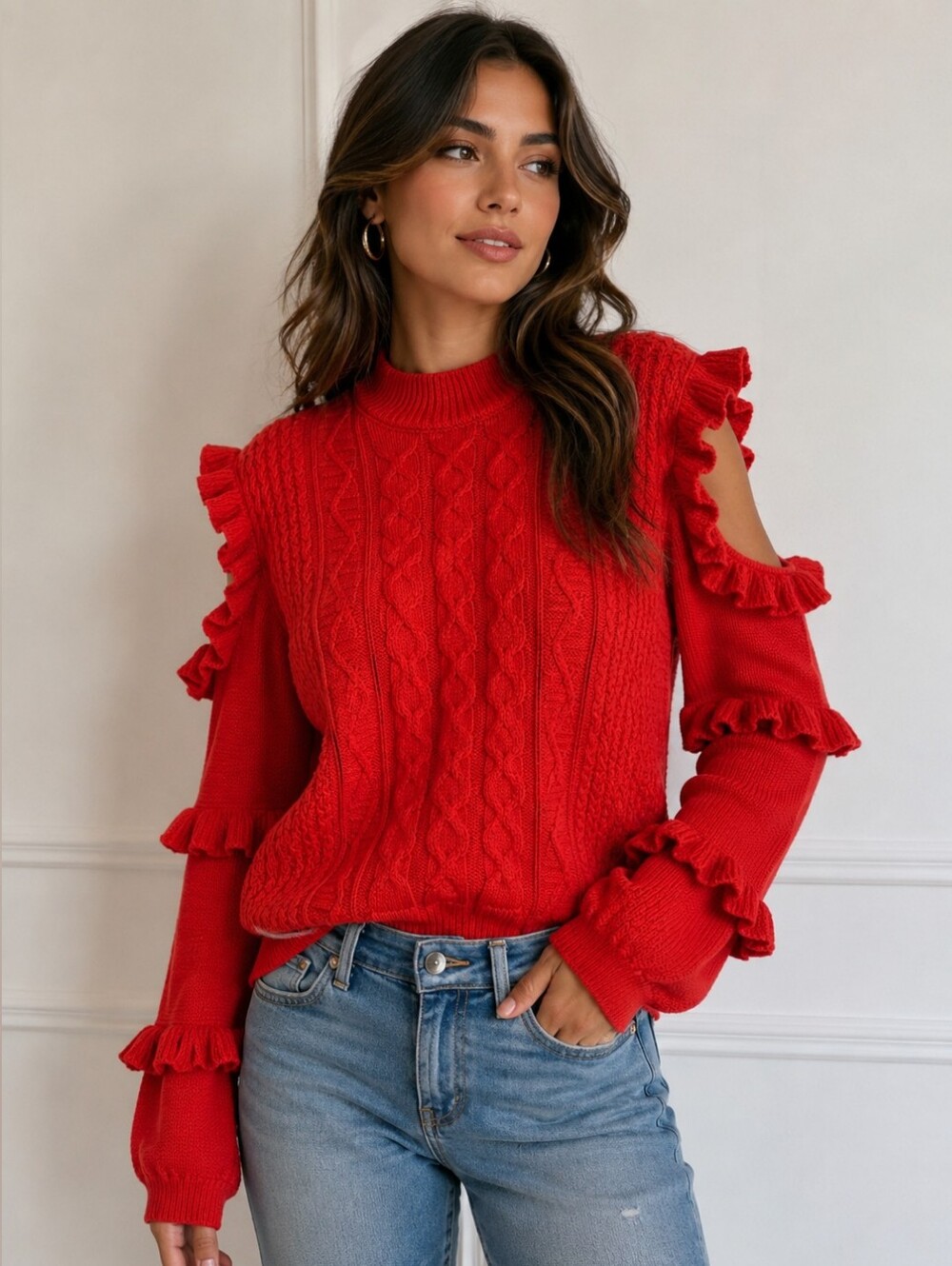 Express Red Cable Knit Cold Shoulder Ruffle Sweater XS